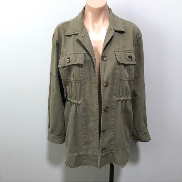 Avec Les Filles Military Olive Army Green Utility Jacket Raw Hem Button Down - Picture 2 of 10